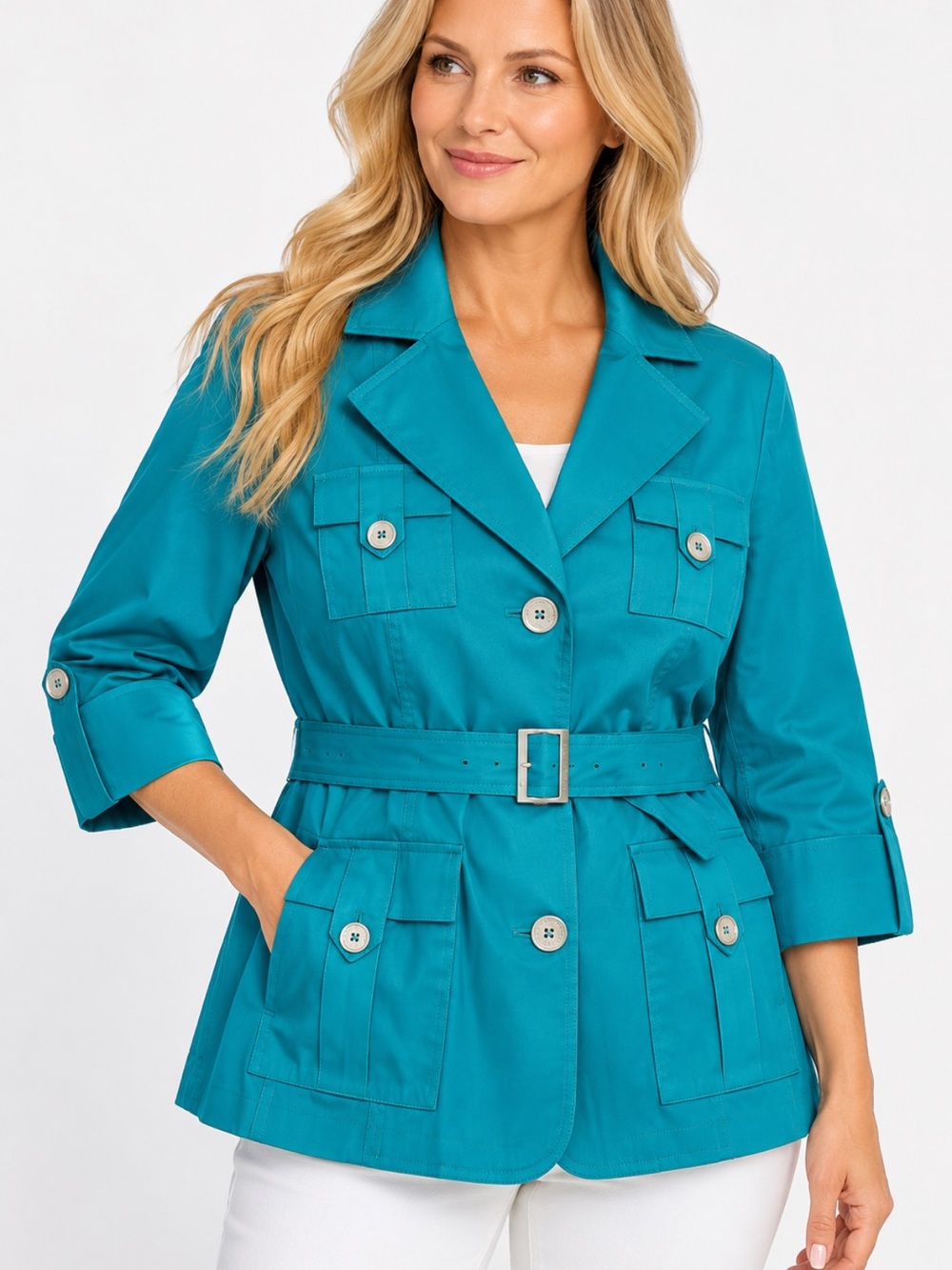 Jones New York Signature Woman Teal Belted Stretch Jacket Plus Size 2X